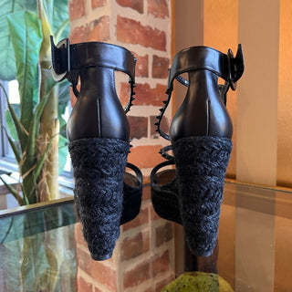 LOUBOUTIN Chocazeppa Spikes Black Espadrille Wedges SZ 38 (US 8)