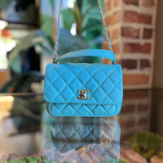 CHANEL Mini Blue Quilted Calfskin Leather Top Handle Bag