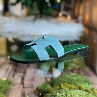 HERMES Oran Blue Suede Bicolor Bleu Minéral Sandals SZ39.5(9.5US)