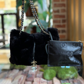 CHANEL Chocolate Brown Rabbit Fur Drawstring Shoulder Bag