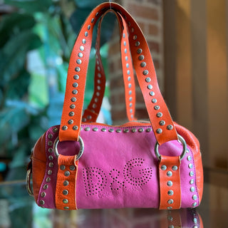 DOLCE&GABBANA Pink Orange Leather Perforated DG Logo Studded Vintage Satchel Bag