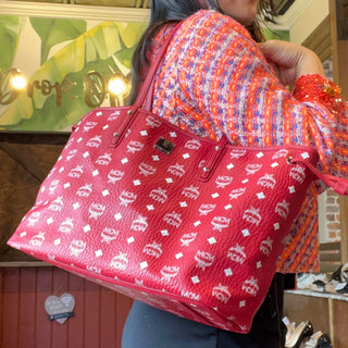 MCM Liz Reversible Red Visetos Monogram Canvas Shopper Tote Bag