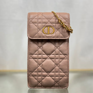 DIOR Caro Phone Holder Rose des Vents Supple Cannage Calfskin Crossbody