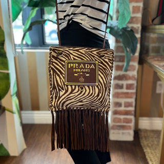 PRADA Zebra Brown Pony Hair Fringe Crossbody