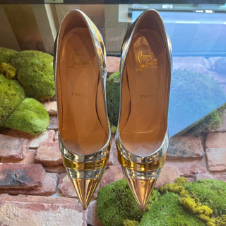 LOUBOUTIN Eklectica 85 Silver/Gold Patent Leather Pumps SZ 38.5 (US 8.5)