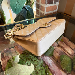 CHANEL Classic Jumbo Double Flap Beige Quilted Caviar Shoulder Bag