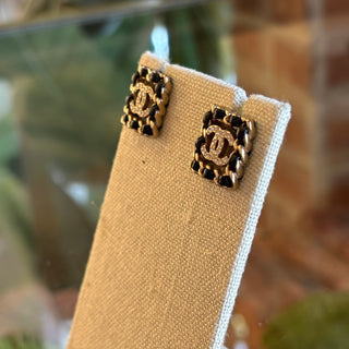 CHANEL Leather & Strass Square Woven CC Stud Earrings