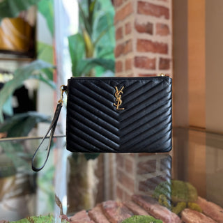 SAINT LAURENT Cassandra Black Chevron Leather Clutch