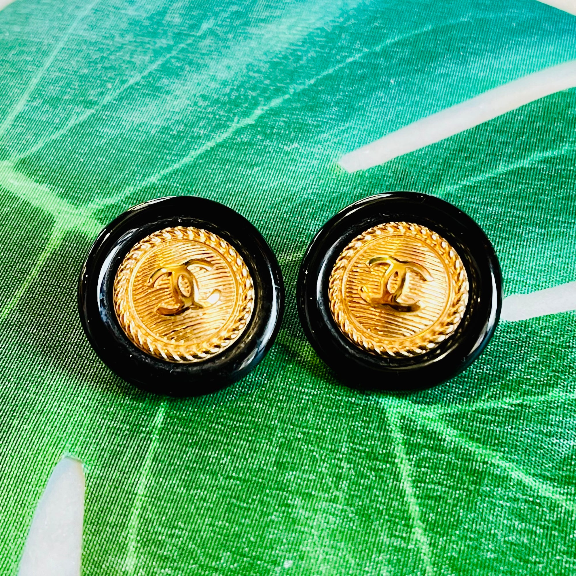 CHANEL Gold Black Resin CC Button Earrings TS3432