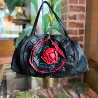 VALENTINO Petale Rose Black Leather Tote Bag