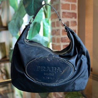 PRADA Navy Blue Nylon Embossed Leather Logo Hobo Bag