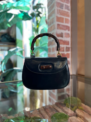 GUCCI Vintage Bamboo 1947 Navy Blue Leather Top Handle Bag