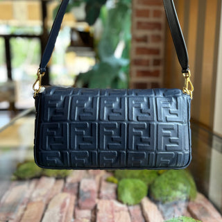 FENDI FF 1974 Embossed Baguette Navy Blue Nappa Leather Shoulder Bag