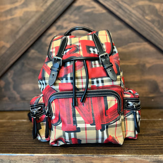 BURBERRY Large Vintage Check Graffiti Print Red Rucksack Backpack