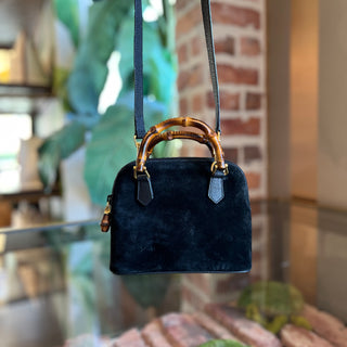 GUCCI Vintage Mini Black Suede Bamboo Top Handle Bag