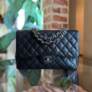 CHANEL Single Flap Jumbo Black Quilted Caviar Leather Shoulder Bag