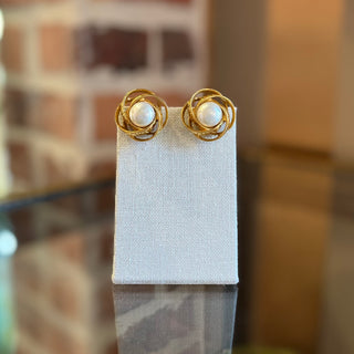 CHANEL Gold Tone Faux Pearl Twist Clip On Earrings