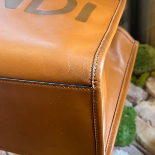 FENDI Sunshine Shopper Medium Brown Smooth Calfskin Embossed Leather Tote