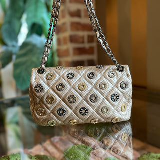 CHANEL Medium Paris-Dubai Medals Flap Bag Embellished Quilted Perforated Lambskin Leather Shoulder Bag