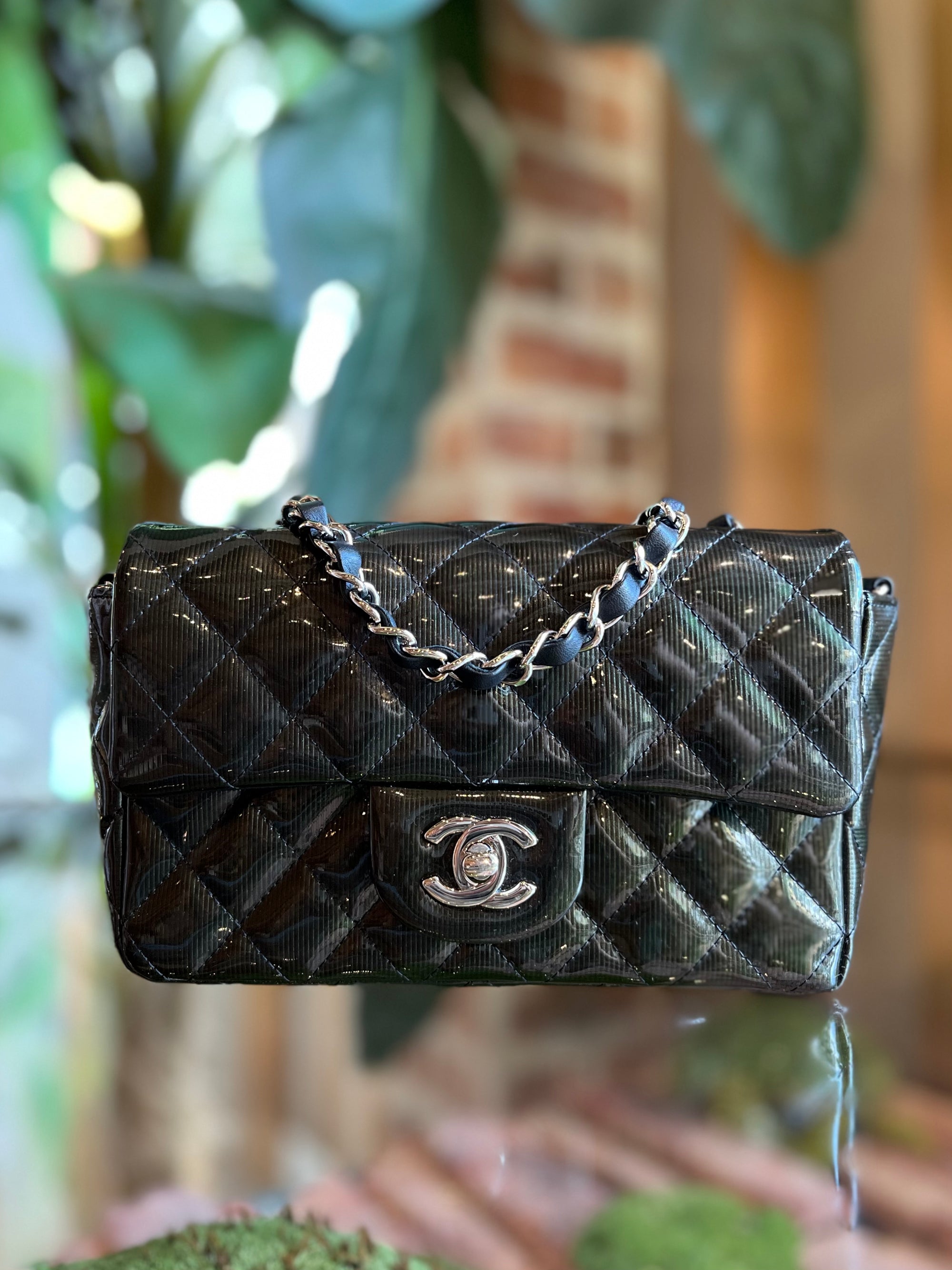 CHANEL Green Quilted Striated Patent Leather Mini Rectangle Flap Bag