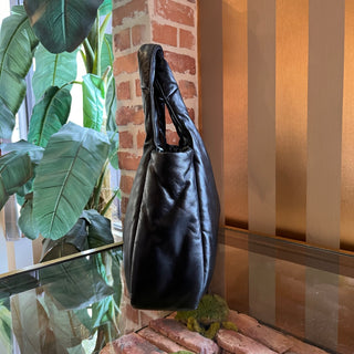 PRADA Black Padded Leather Triangle Logo Tote Bag