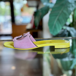 GUCCI Pink Suede Yellow GG Slides 41