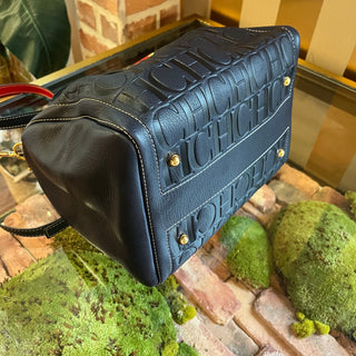 CAROLINA HERRERA Boston Navy Blue Embossed Leather Satchel Bag
