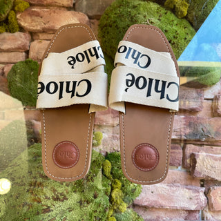 CHLOE Woody White Linen Sandals SZ37(7US)
