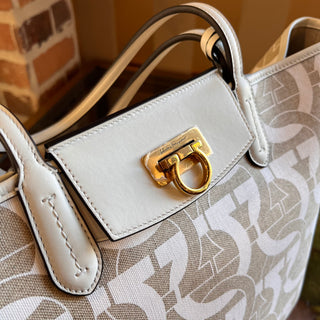 SALVATORE FERRAGAMO Gancini Travel Beige Canvas Tote Bag