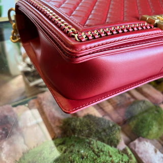 CHANEL Boy Red Quilted Calfskin Leather Top Handle Bag