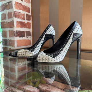 SAINT LAURENT Paris 105 Studded Black/White Leather Heels SZ 37.5 (US 7.5)