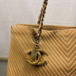 CHANEL V Stitch Chain Tote Shoulder Bag Beige Leather