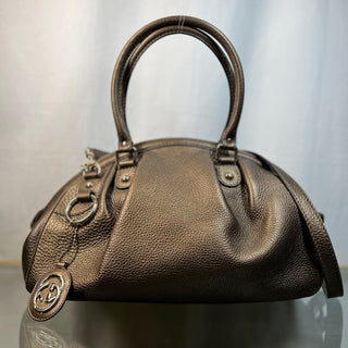 GUCCI Metallic Gold Grained Leather Two-Way Satchel Bag