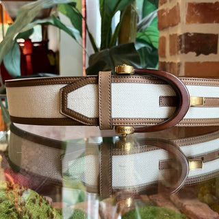 GUCCI Stirrup Wood Beige Canvas Belt SZ 80/32(4US)