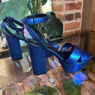 SAINT LAURENT Farrah 80MM Metallic Blue Calfskin Platform Heels Size 40