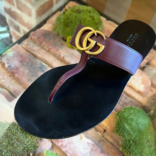 GUCCI Maroon Calfskin GG Marmont Thong Sandals 37.5(7.5US) Bordeaux