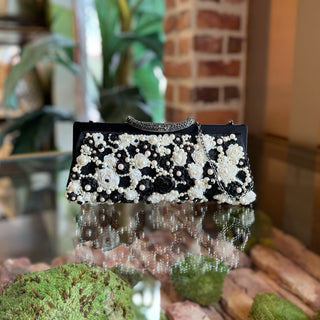VALENTINO Black & White Beaded Pearl Crystal Flower Appliqué Clutch Bag