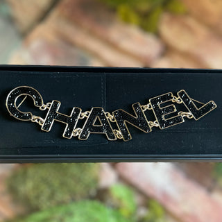 CHANEL Black Strass Logo Metal Brooch