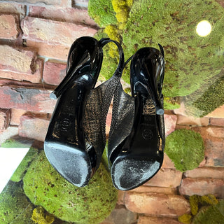 CHANEL Black Patent Leather Chain Cap-Toe Slingback Heels SZ37.5(7.5US)