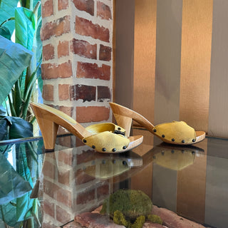 CHANEL CC Yellow Suede Beige Wood Clog Heels SZ 36 (US 6)