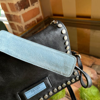 PRADA Etiquette Black Glace Calfskin Studded Flap Crossbody Bag