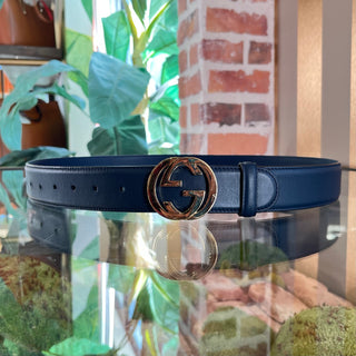 GUCCI Interlocking G Navy Blue Leather Belt SZ95/38(10US)
