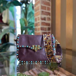 VALENTINO GARAVANI Maroon Rockstud Rolling Guitar Strap Crossbody Bag