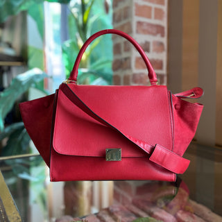 CELINE Small Trapeze Red Pebbled Calfskin Suede Leather Tote Bag