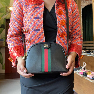 GUCCI Ophidia Black Leather Web Stripe Crossbody Bag