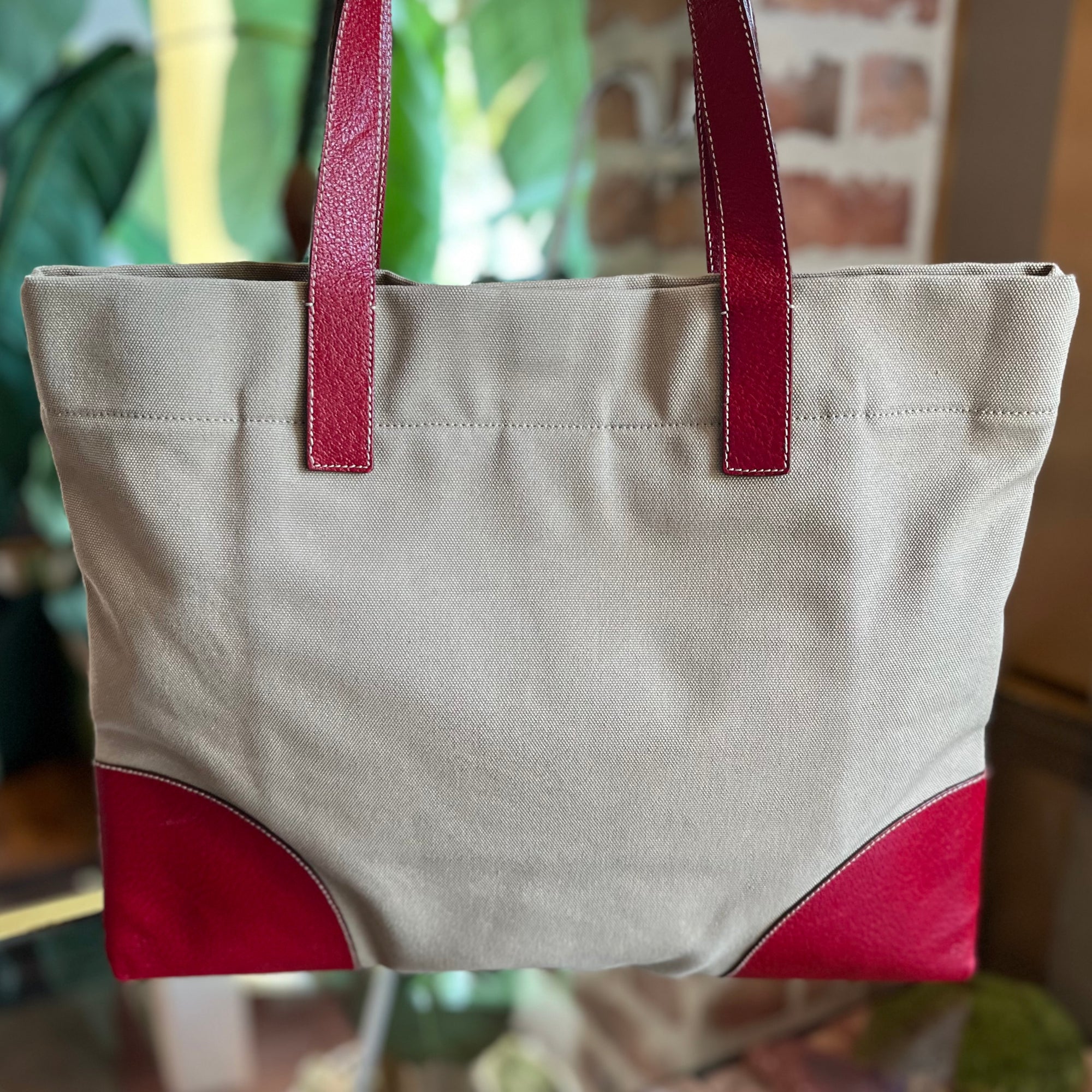 PRADA Natural/Red Canvas & Leather Tote Bag TS3098