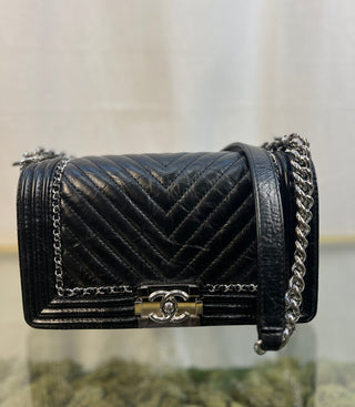 Chanel Black Calfskin Leather Chain Around Boy Bag