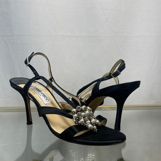 JIMMY CHOO Crystal Pearl Black Satin Heels SZ 40