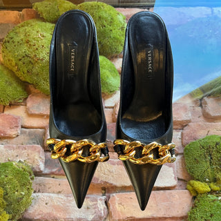 VERSACE Black Leather Pointed Chain Slingback Heels SZ 36 (US 7)