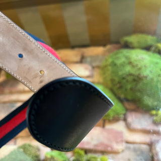 GUCCI Interlocking G Navy Blue & Red Web Stripe Canvas Belt SZ80/32(4US)
